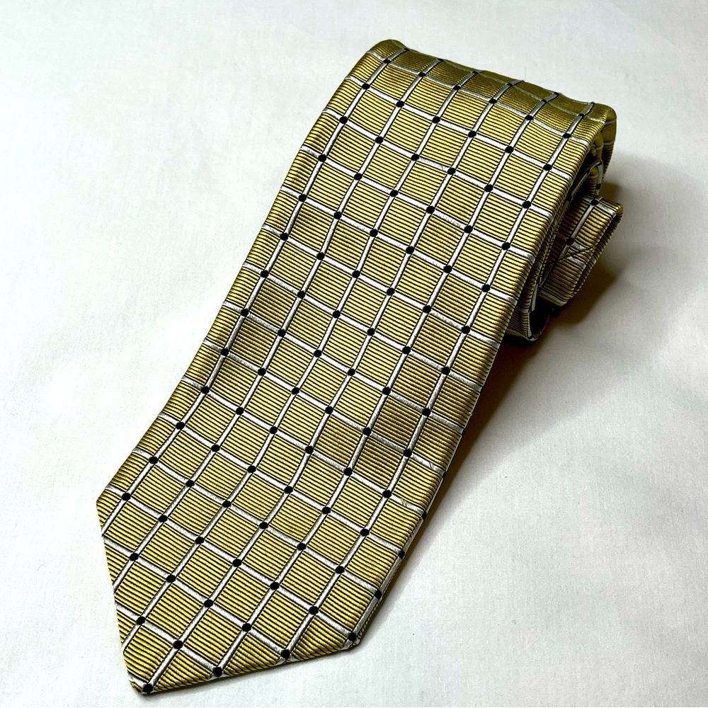Robert Talbott Men's Tie. Gold, Black & Silver Woven Square Pattern. Silk